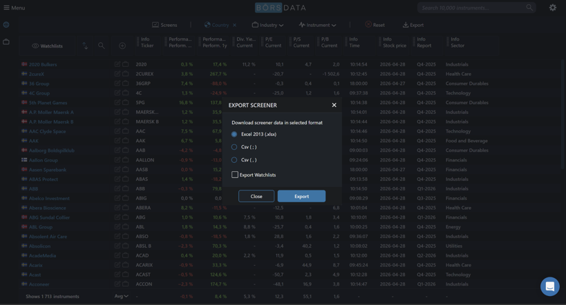 Screener export